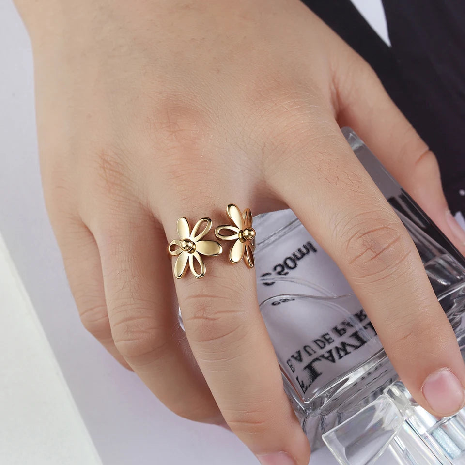 Top Quality Trendy Stainless Steel Double Flower Ring