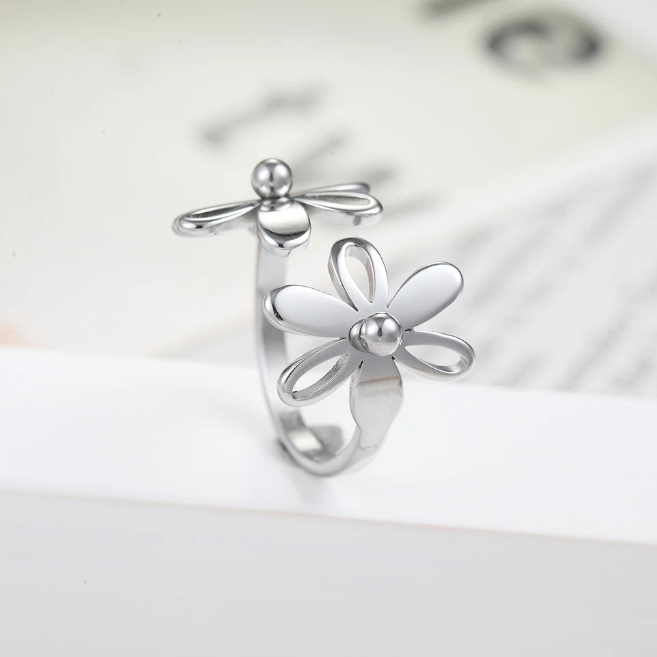 Top Quality Trendy Stainless Steel Double Flower Ring