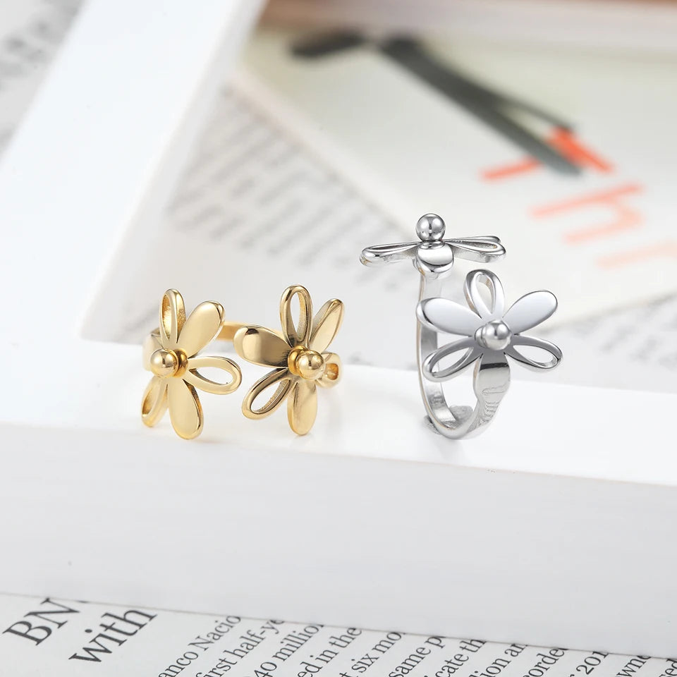 Top Quality Trendy Stainless Steel Double Flower Ring