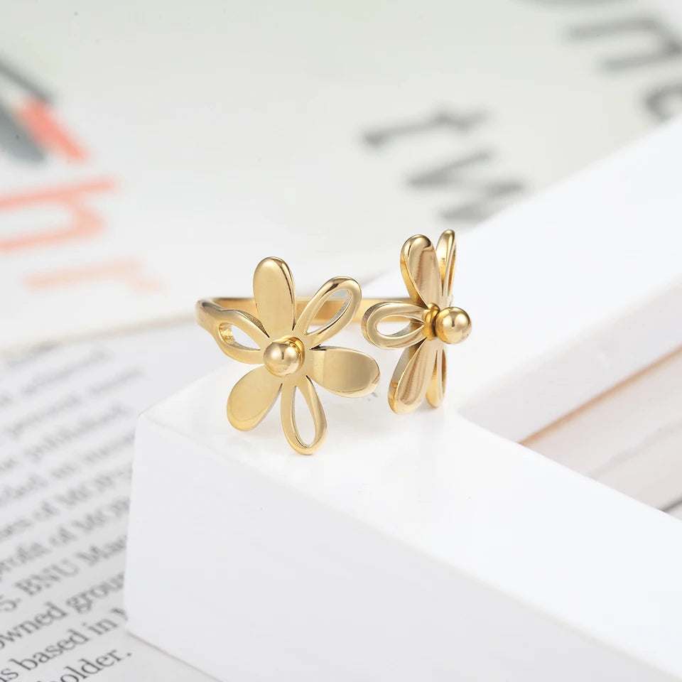 Top Quality Trendy Stainless Steel Double Flower Ring