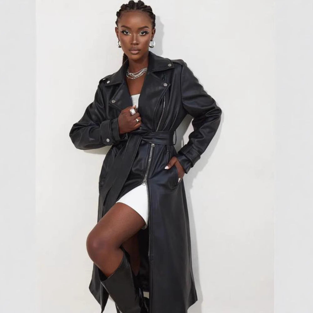 Black PU Leather Zipper Lapel long Jacket