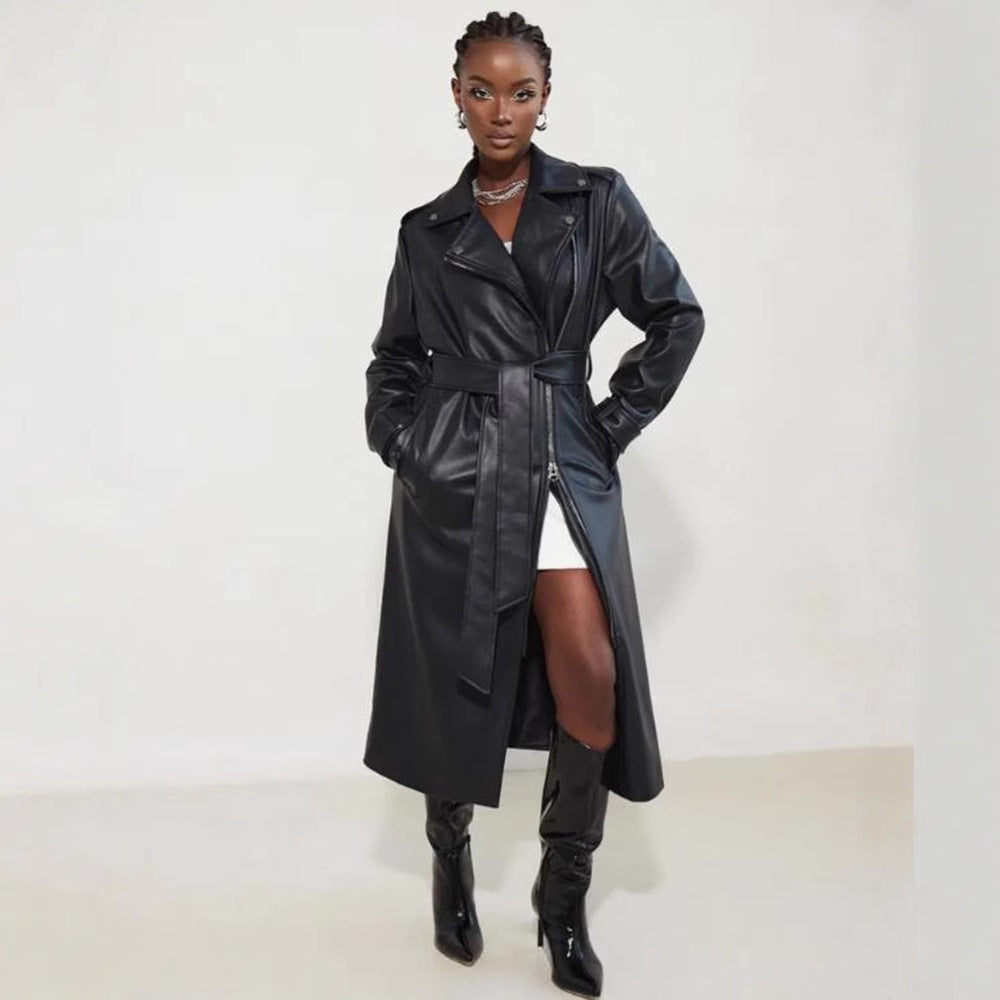 Black PU Leather Zipper Lapel long Jacket