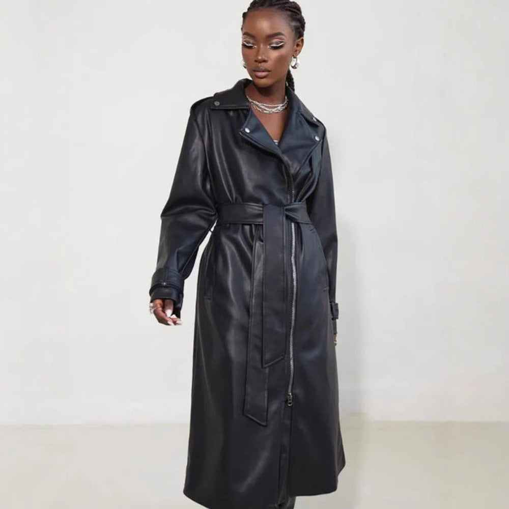 Black PU Leather Zipper Lapel long Jacket