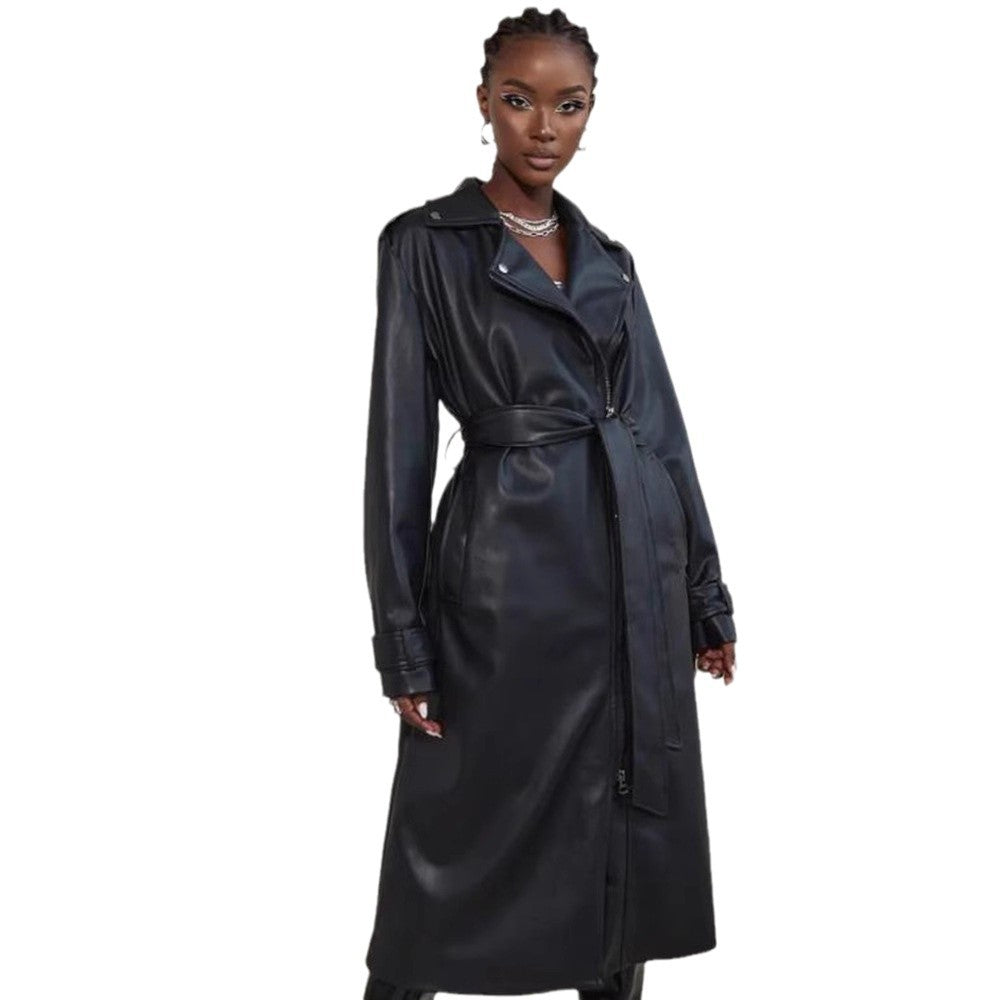 Black PU Leather Zipper Lapel long Jacket