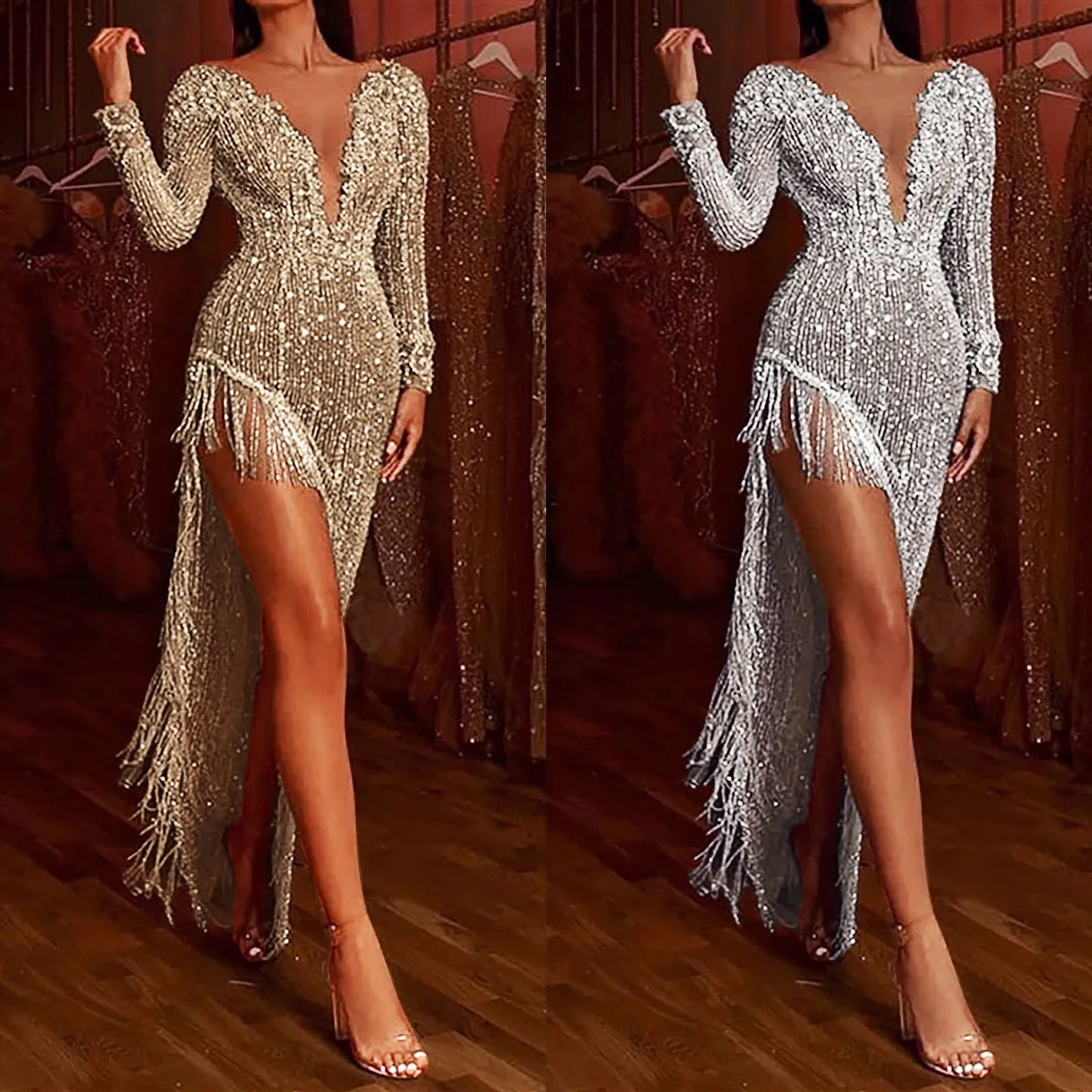 Tassel Bead Deep V Long Sleeve Side Slit