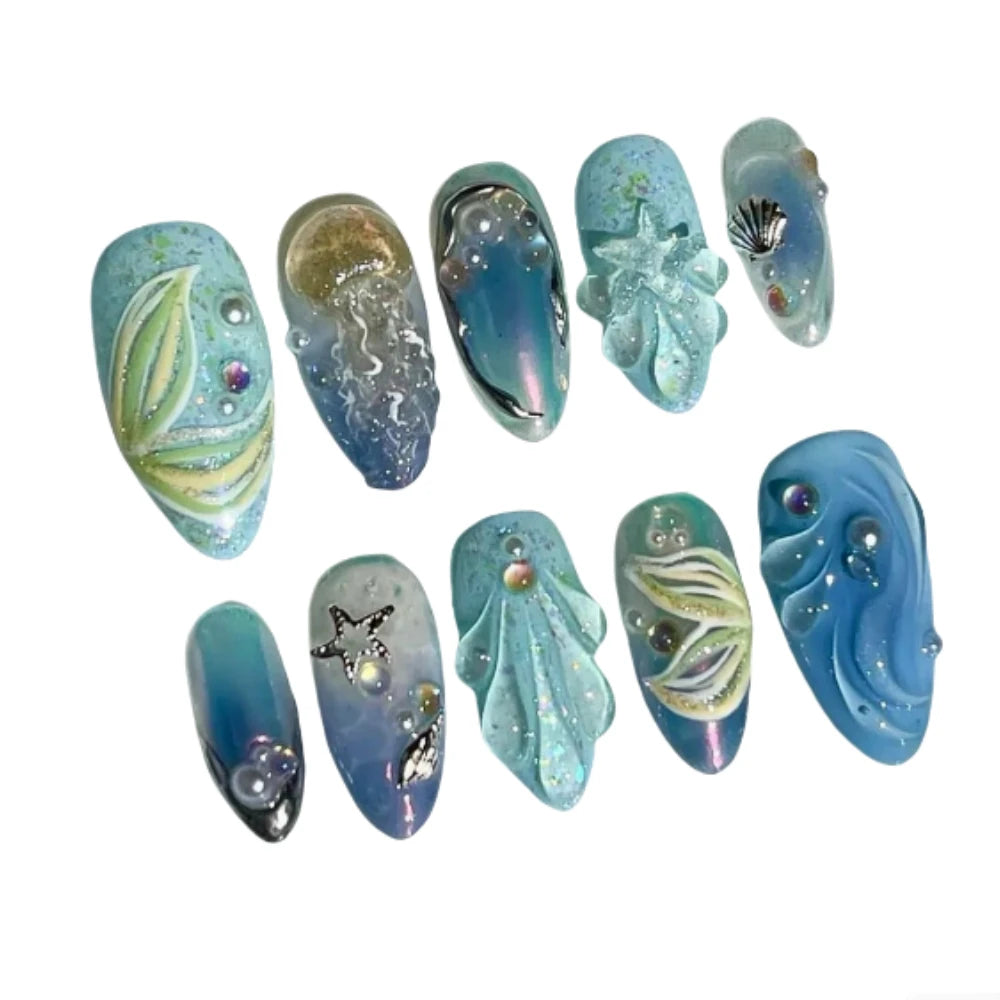 Sea Style Nail Tips 3D blue Shell Limited Nails