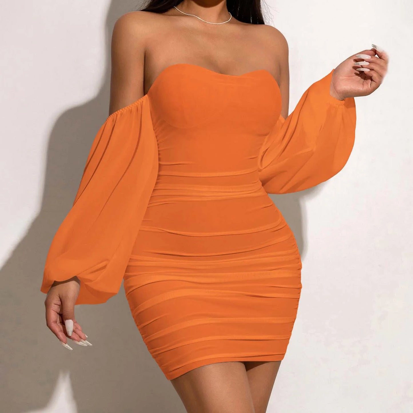 Elegant Off Shoulder Mini Dress Long Sleeve Ruched Sexy Dresses