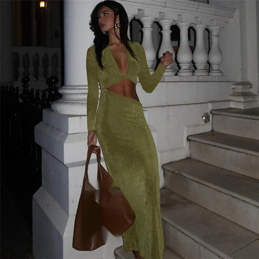 Unique Olive-Toned Knit Bodycon Dress