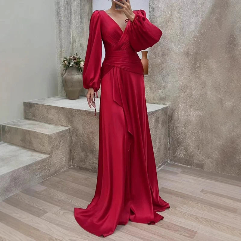 Sleek Satin V-Neck Evening Gown