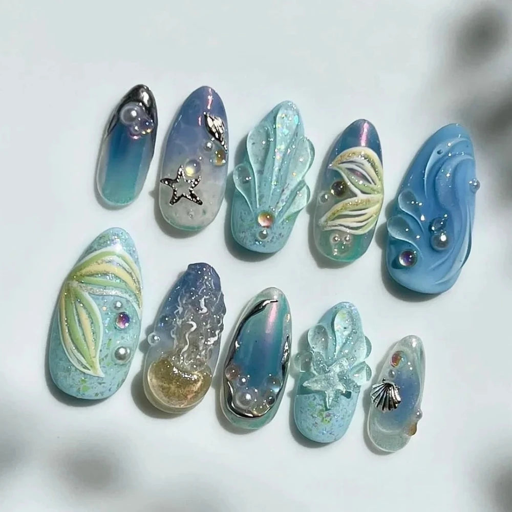 Sea Style Nail Tips 3D blue Shell Limited Nails