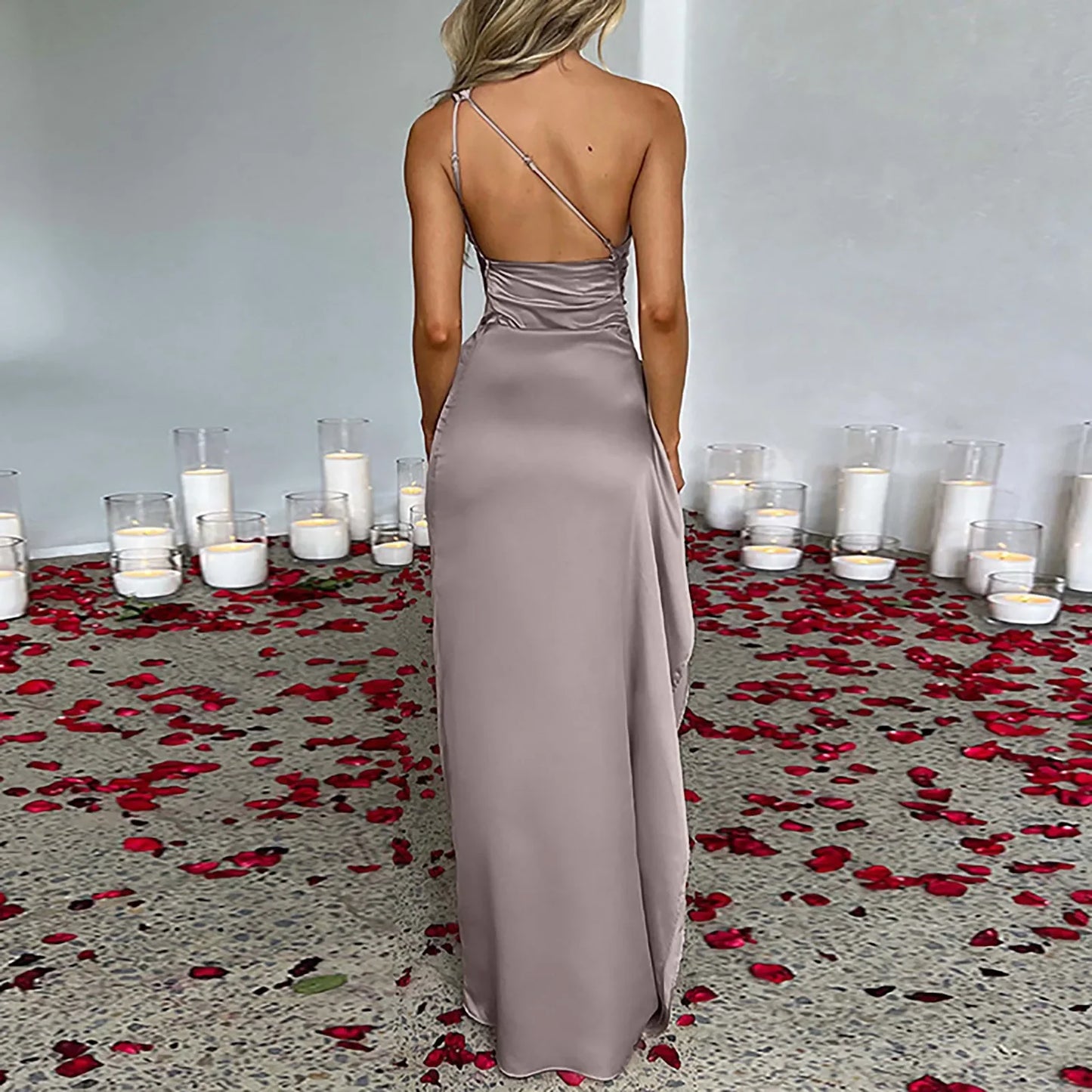 One Shoulder Shirring Slit Dress