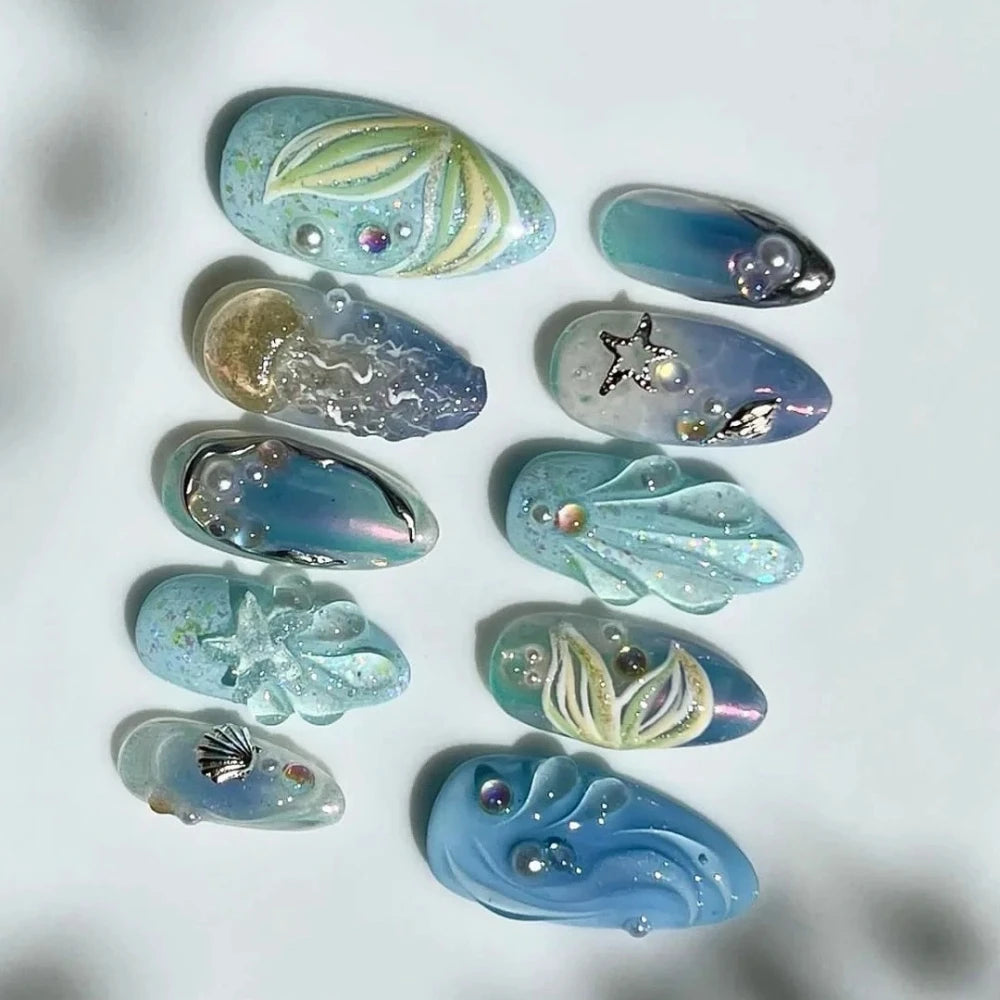 Sea Style Nail Tips 3D blue Shell Limited Nails