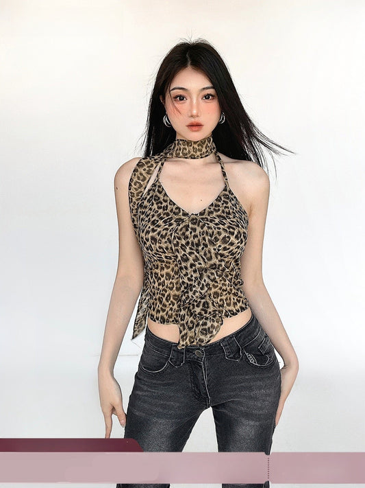 leopard print ruffles backless irregular halterneck vest top